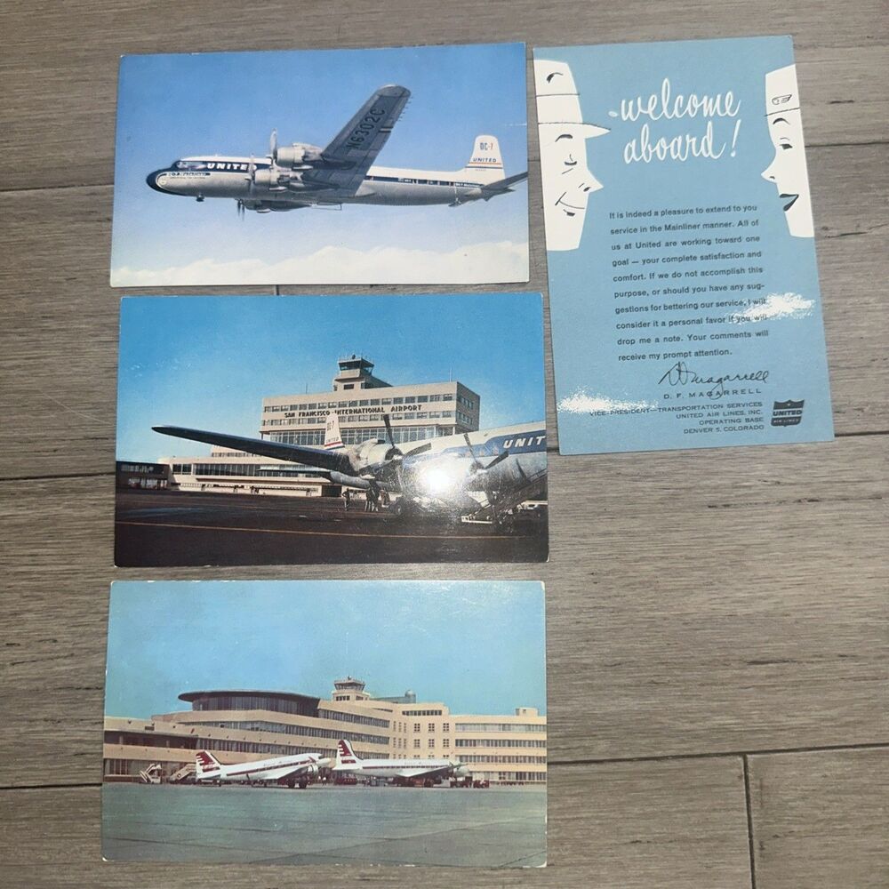 Vintage United Airlines Postcards Lot of 4 – DC-7 – SFO – Welcome Aboard Card